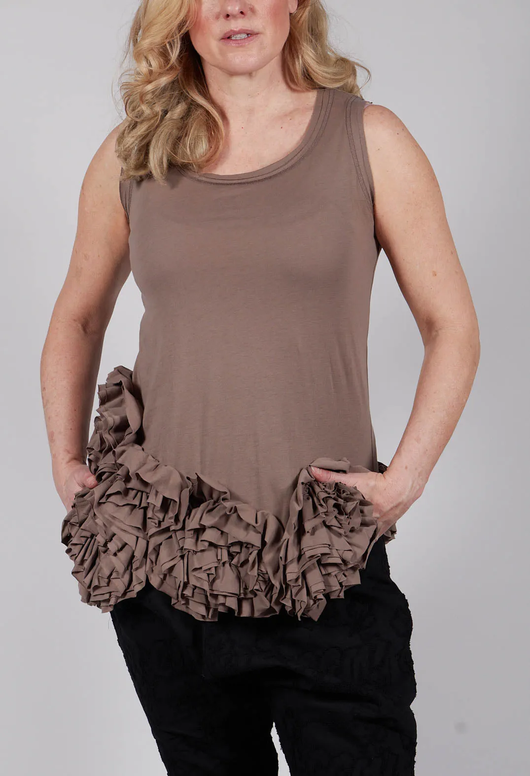 Sleeveless Jersey T Shirt in Toffee with Ruffle Hem