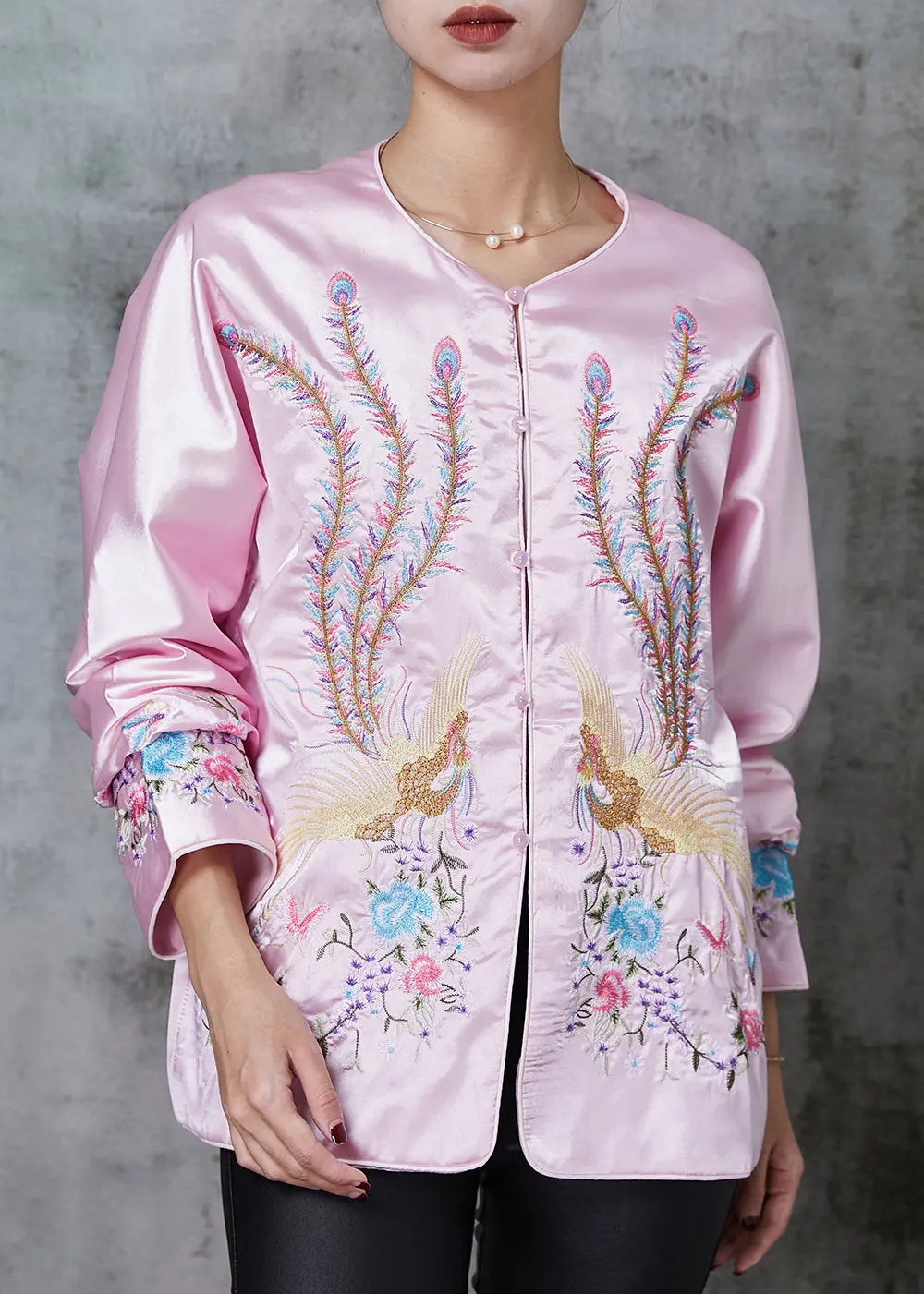 Stylish Pink Embroidered Pockets Silk Jacket Spring JK1039