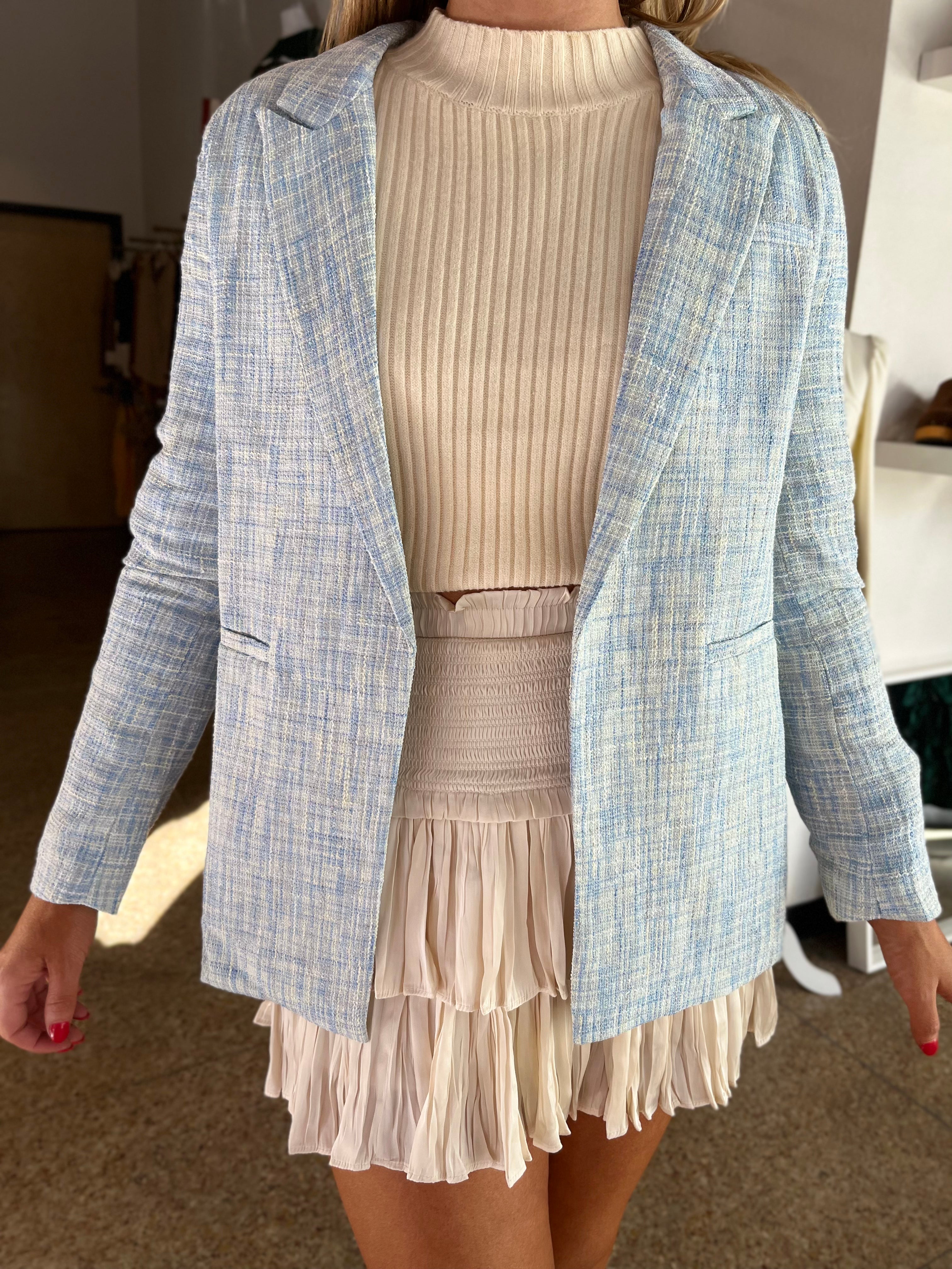 Tweed Open Front Blazer - Blue