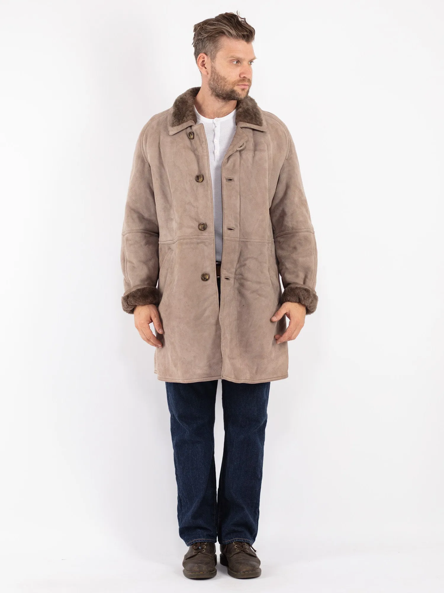 Vintage 70's Men Sheepskin Coat in Beige