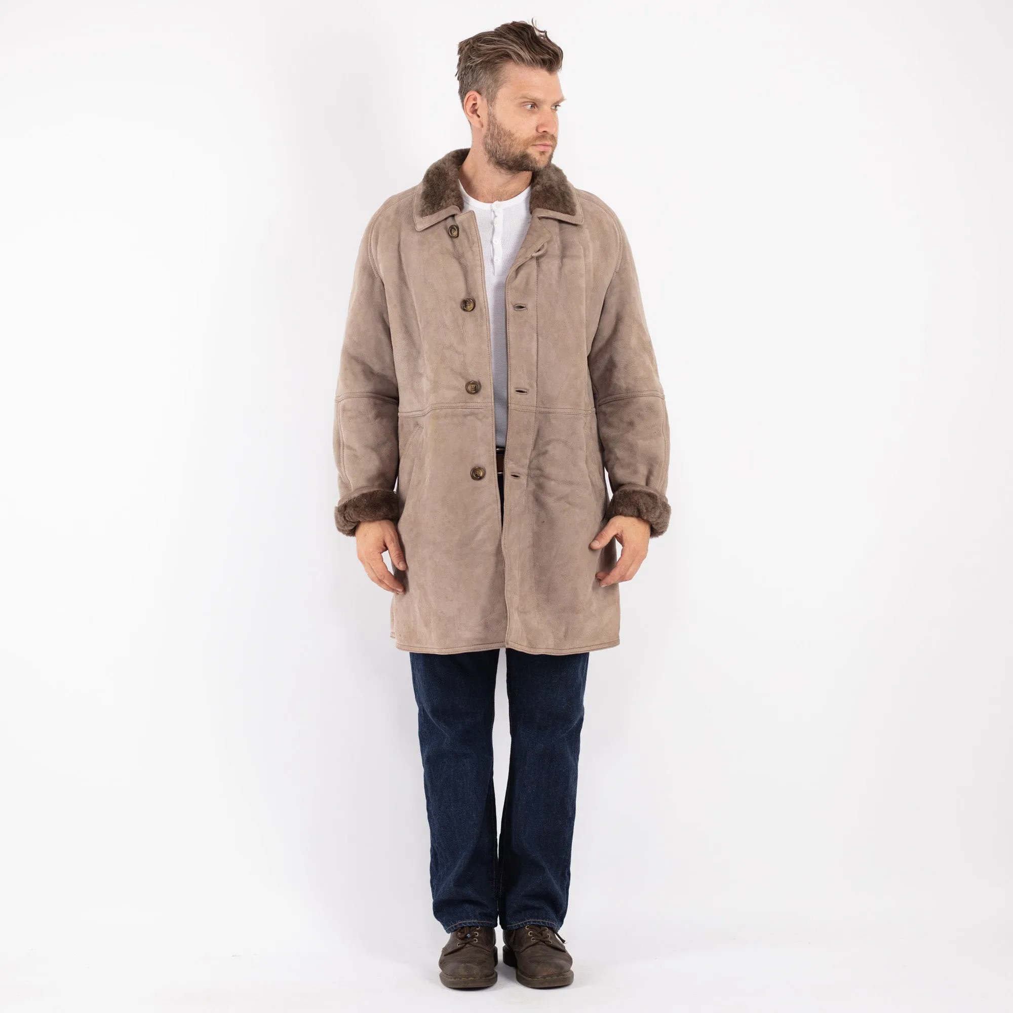 Vintage 70's Men Sheepskin Coat in Beige