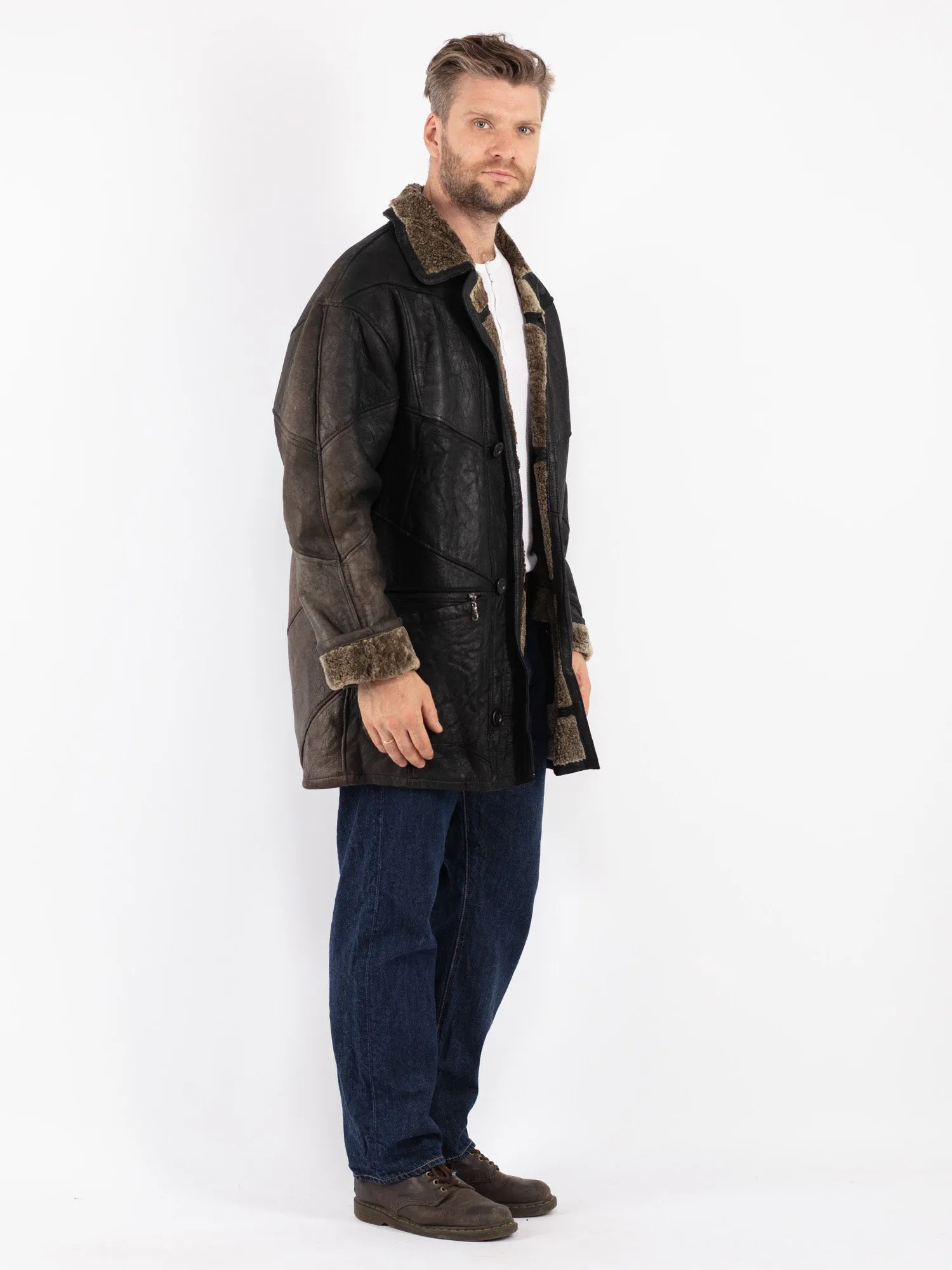 Vintage 90's Men Distressed Sheepskin Coat in Black