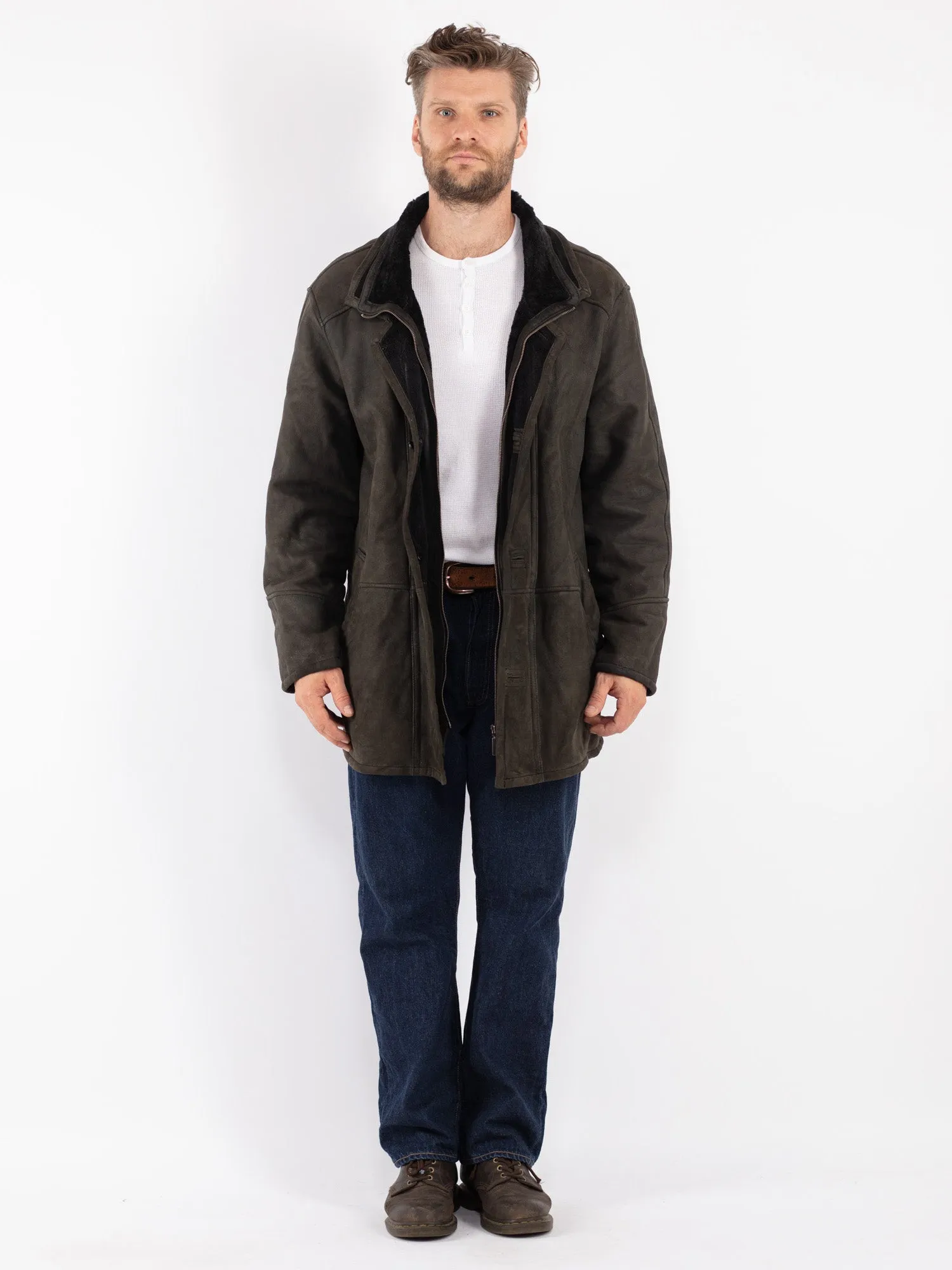 Vintage 90's Men Sheepskin Coat in Gray