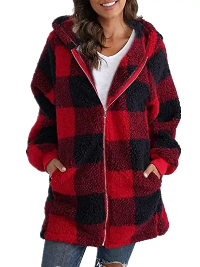 Vintage Plaid Zip Up Hoodie Sweatshirt for Women