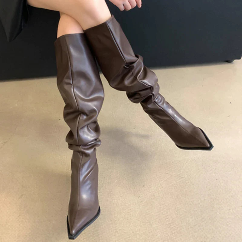 Women Long Runched Boots Ladies Pumps Shoes Fashion Design Pleated Slip-On Shoes 2023