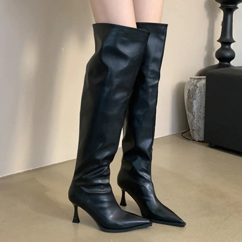 Women Long Runched Boots Ladies Pumps Shoes Fashion Design Pleated Slip-On Shoes 2023