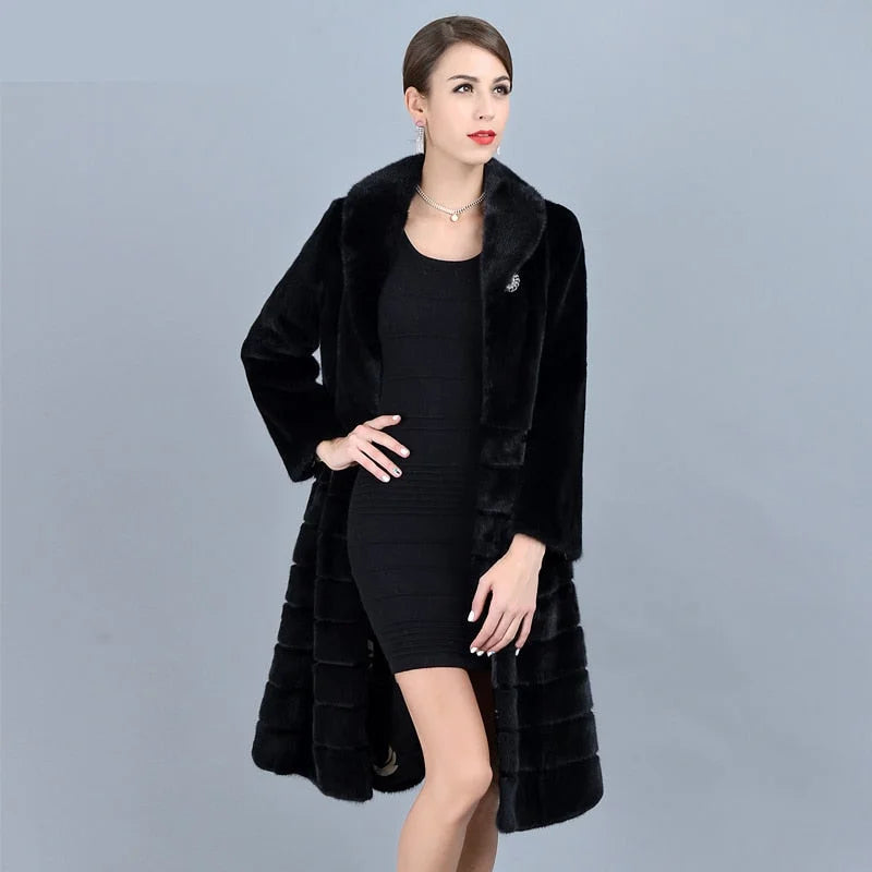 Women's Casual Fashion Black Warm Genuine Mink Fur Winter Long Jacket