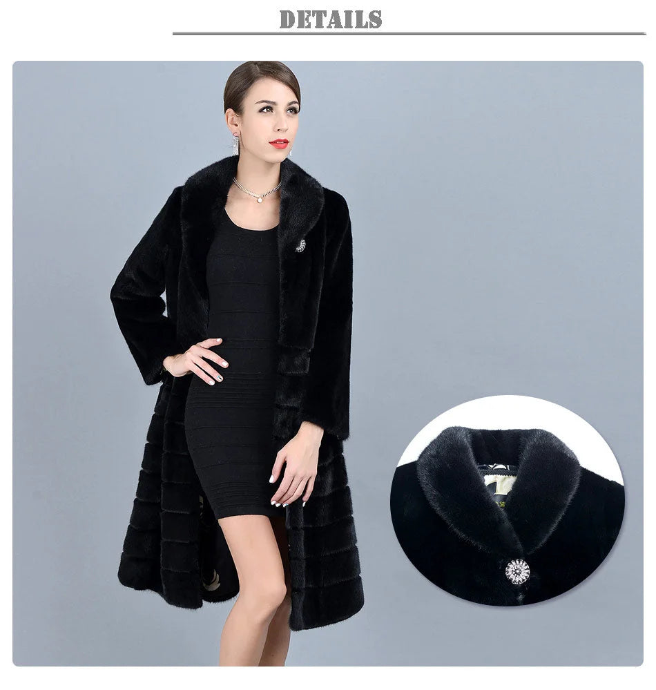 Women's Casual Fashion Black Warm Genuine Mink Fur Winter Long Jacket