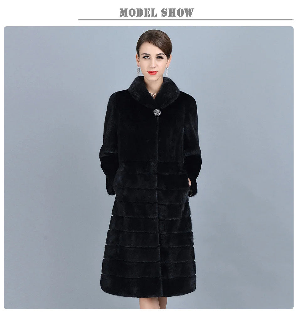 Women's Casual Fashion Black Warm Genuine Mink Fur Winter Long Jacket