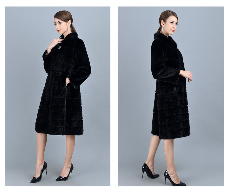 Women's Casual Fashion Black Warm Genuine Mink Fur Winter Long Jacket