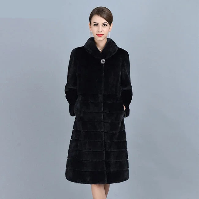 Women's Casual Fashion Black Warm Genuine Mink Fur Winter Long Jacket