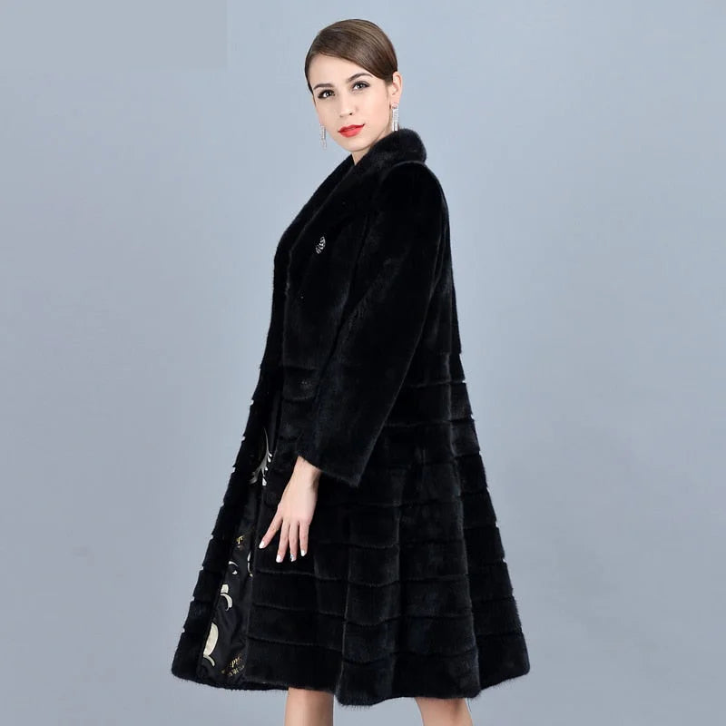 Women's Casual Fashion Black Warm Genuine Mink Fur Winter Long Jacket