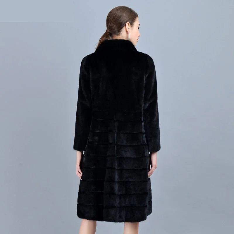 Women's Casual Fashion Black Warm Genuine Mink Fur Winter Long Jacket