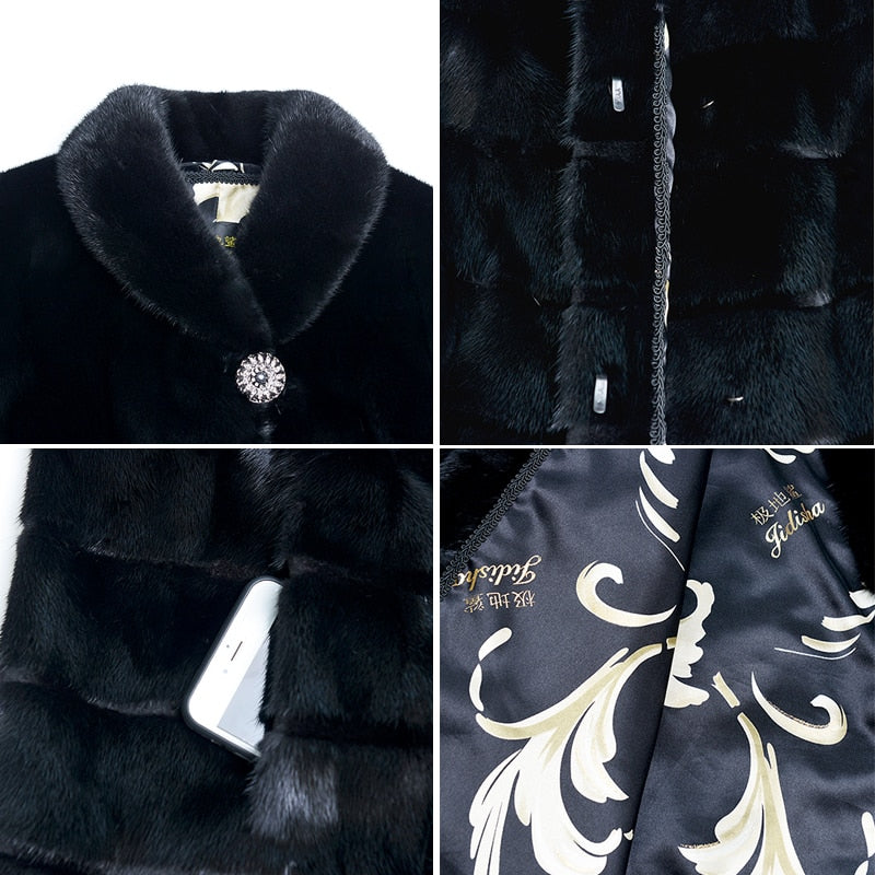 Women's Casual Fashion Black Warm Genuine Mink Fur Winter Long Jacket