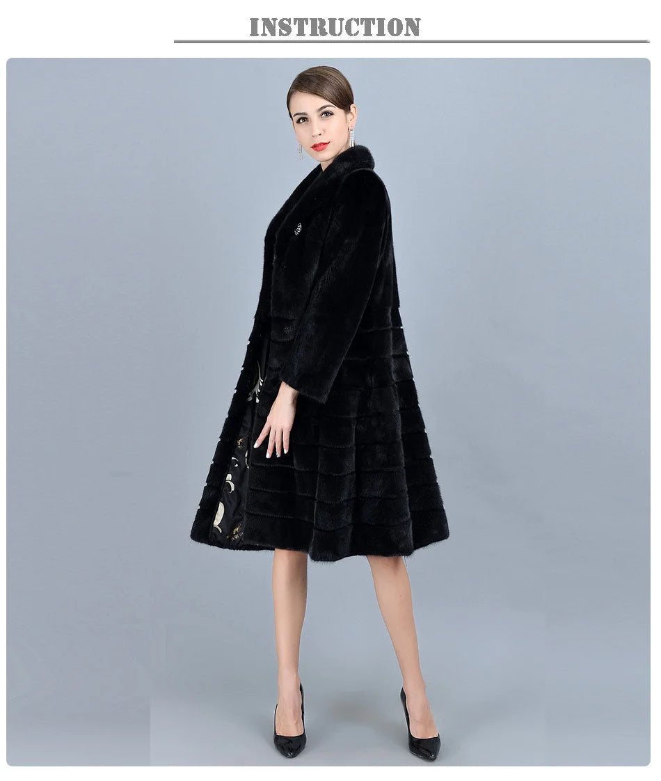 Women's Casual Fashion Black Warm Genuine Mink Fur Winter Long Jacket