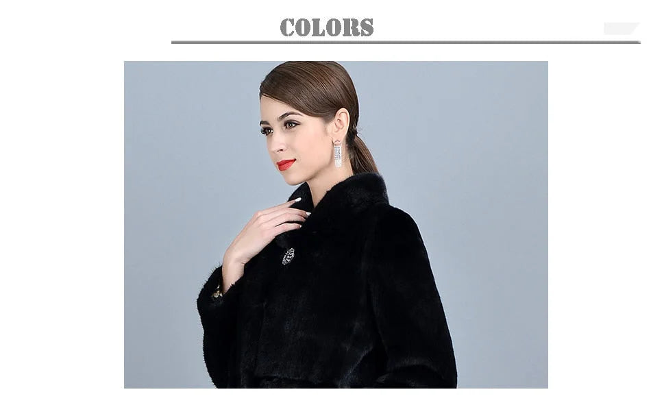 Women's Casual Fashion Black Warm Genuine Mink Fur Winter Long Jacket