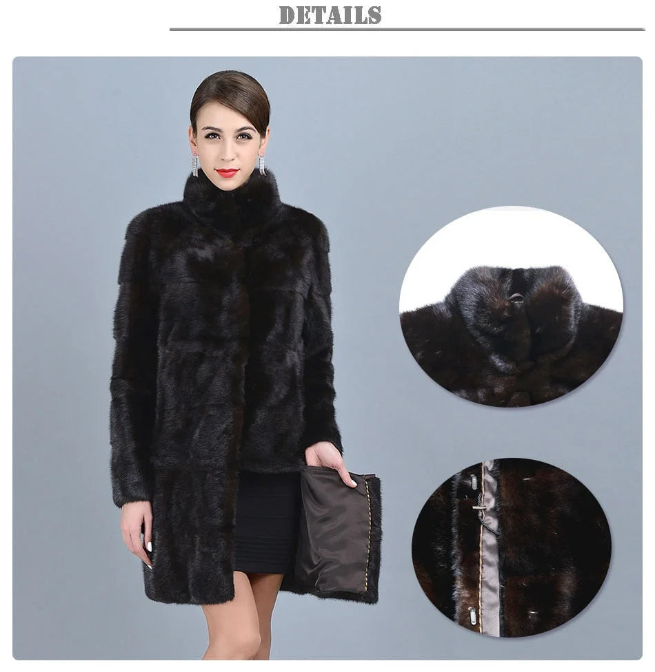 Women's Casual Warm Real Mink Fur Stand Collar Winter Jacket Outwear