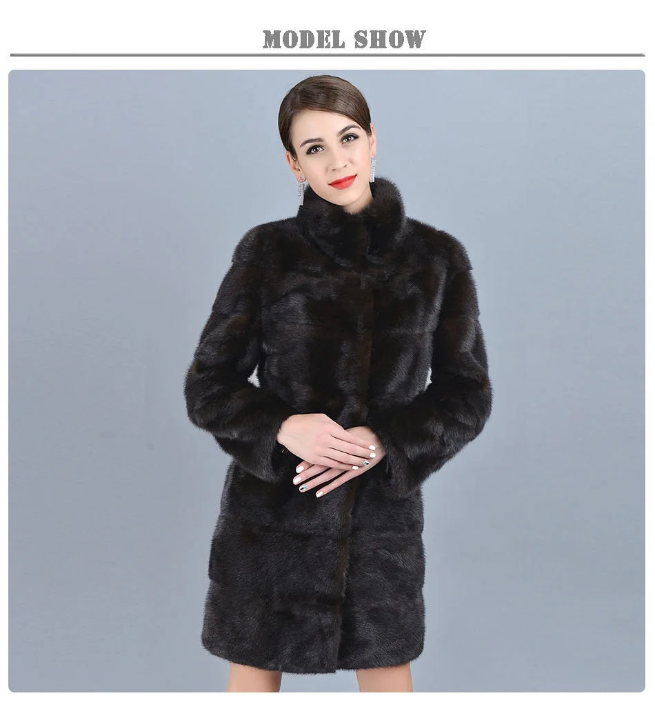 Women's Casual Warm Real Mink Fur Stand Collar Winter Jacket Outwear