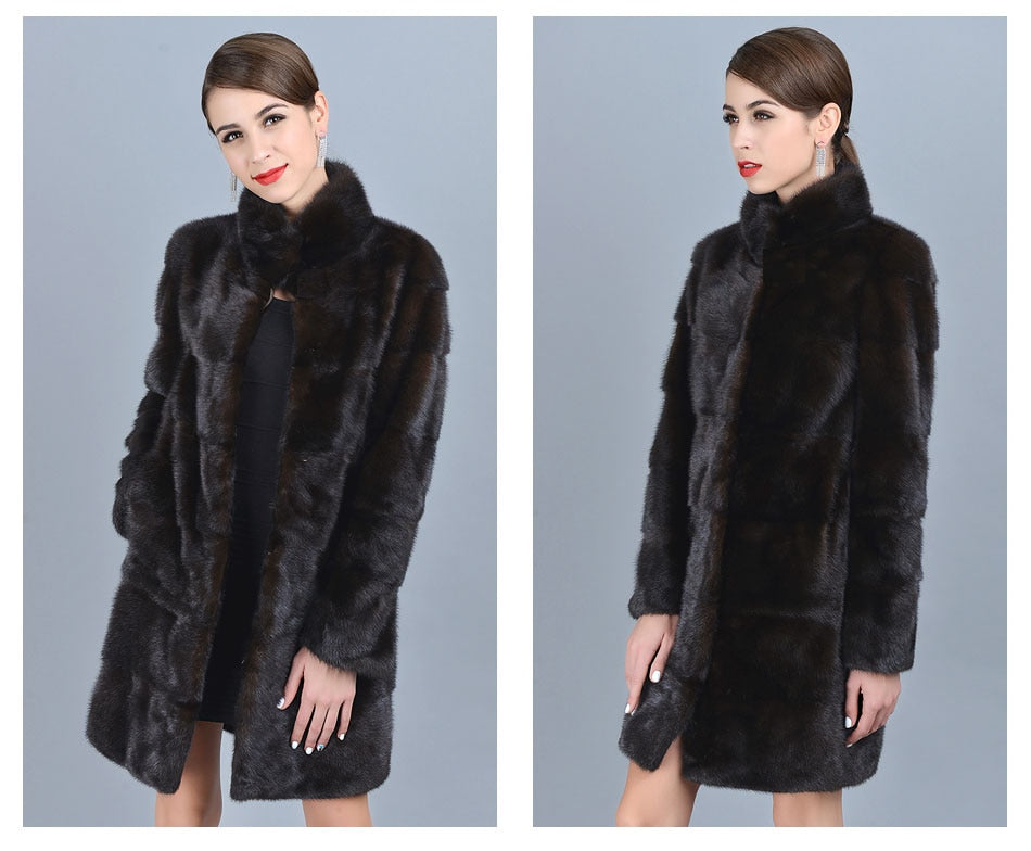 Women's Casual Warm Real Mink Fur Stand Collar Winter Jacket Outwear