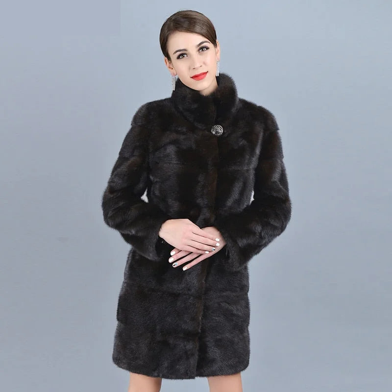 Women's Casual Warm Real Mink Fur Stand Collar Winter Jacket Outwear