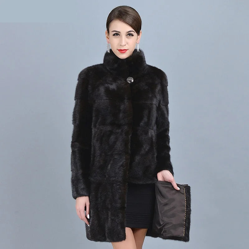 Women's Casual Warm Real Mink Fur Stand Collar Winter Jacket Outwear