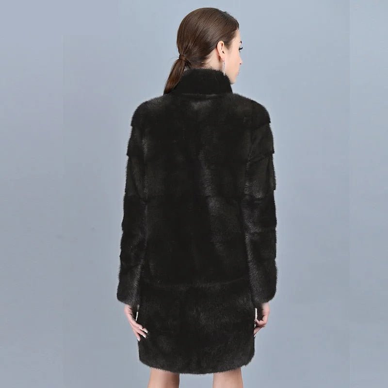 Women's Casual Warm Real Mink Fur Stand Collar Winter Jacket Outwear