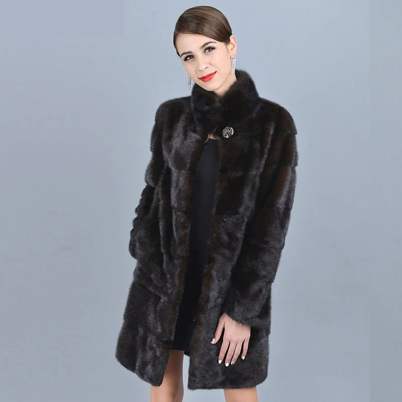 Women's Casual Warm Real Mink Fur Stand Collar Winter Jacket Outwear