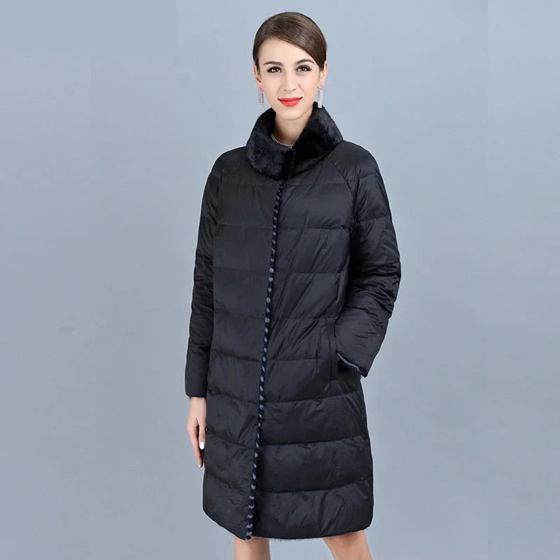 Women's Double Side Wear Warm Genuine Leather Real Mink Fur Long Jacket