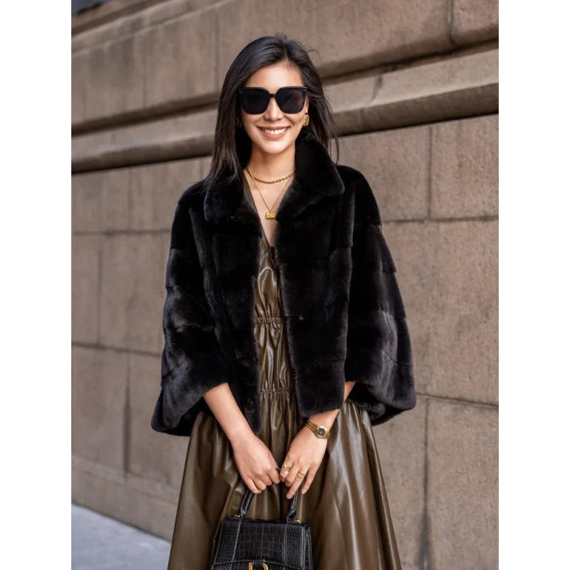 Women's Essential Winter Warm Real Natural Mink Fur Short Cloak Jacket