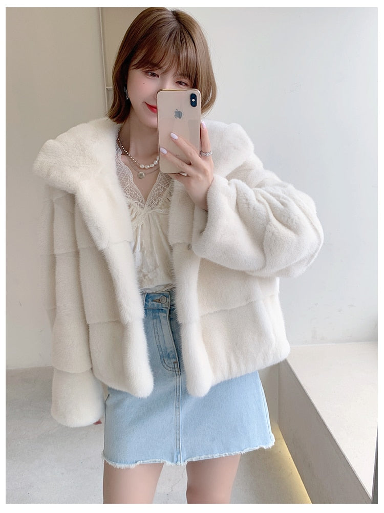 Women's High-Grade Real Mink Fur Multiple Color Jackets with Big Hat