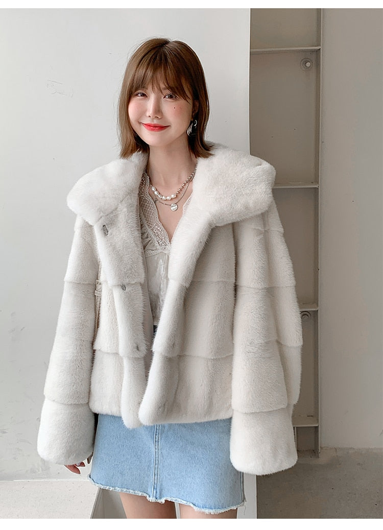 Women's High-Grade Real Mink Fur Multiple Color Jackets with Big Hat