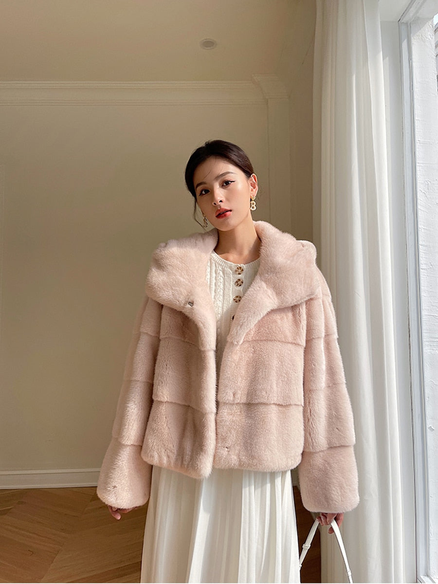 Women's High-Grade Real Mink Fur Multiple Color Jackets with Big Hat