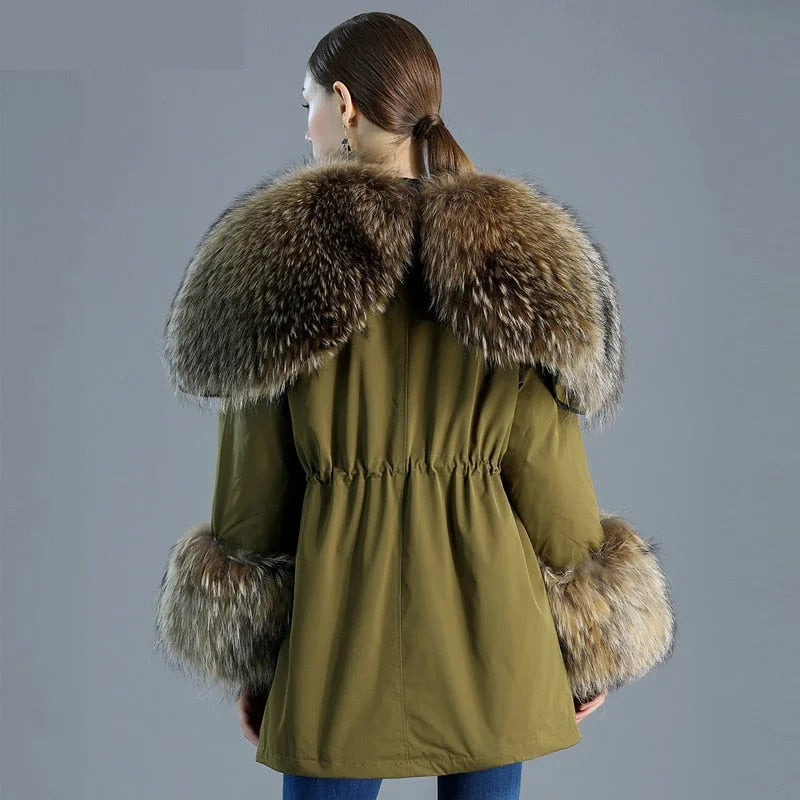 Women's Leisure Style Natural Fox Fur Down Solid Pattern Winter Jackets