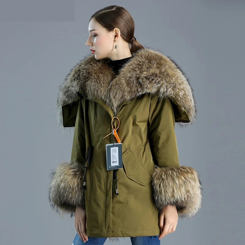 Women's Leisure Style Natural Fox Fur Down Solid Pattern Winter Jackets