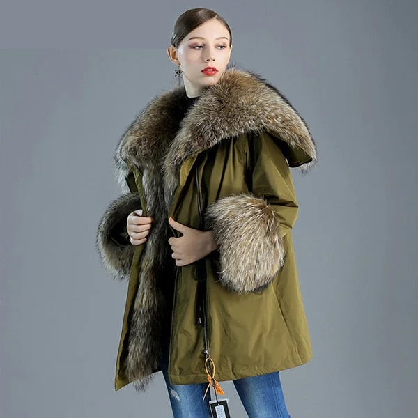 Women's Leisure Style Natural Fox Fur Down Solid Pattern Winter Jackets