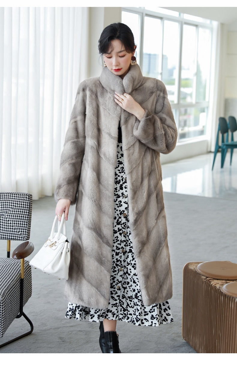 Women's Luxury Winter Warm Real Mink Fur Mandarin Collar Thick Long Jacket