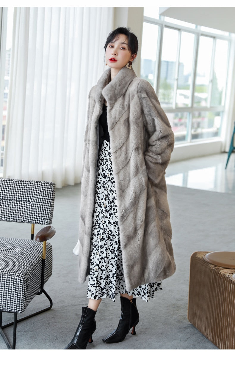 Women's Luxury Winter Warm Real Mink Fur Mandarin Collar Thick Long Jacket