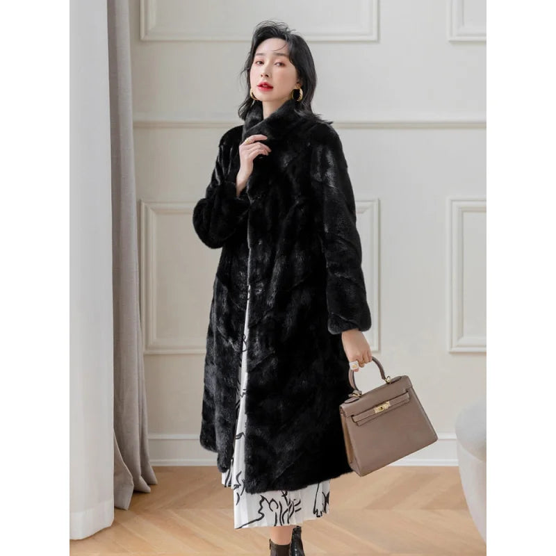 Women's Luxury Winter Warm Real Mink Fur Mandarin Collar Thick Long Jacket