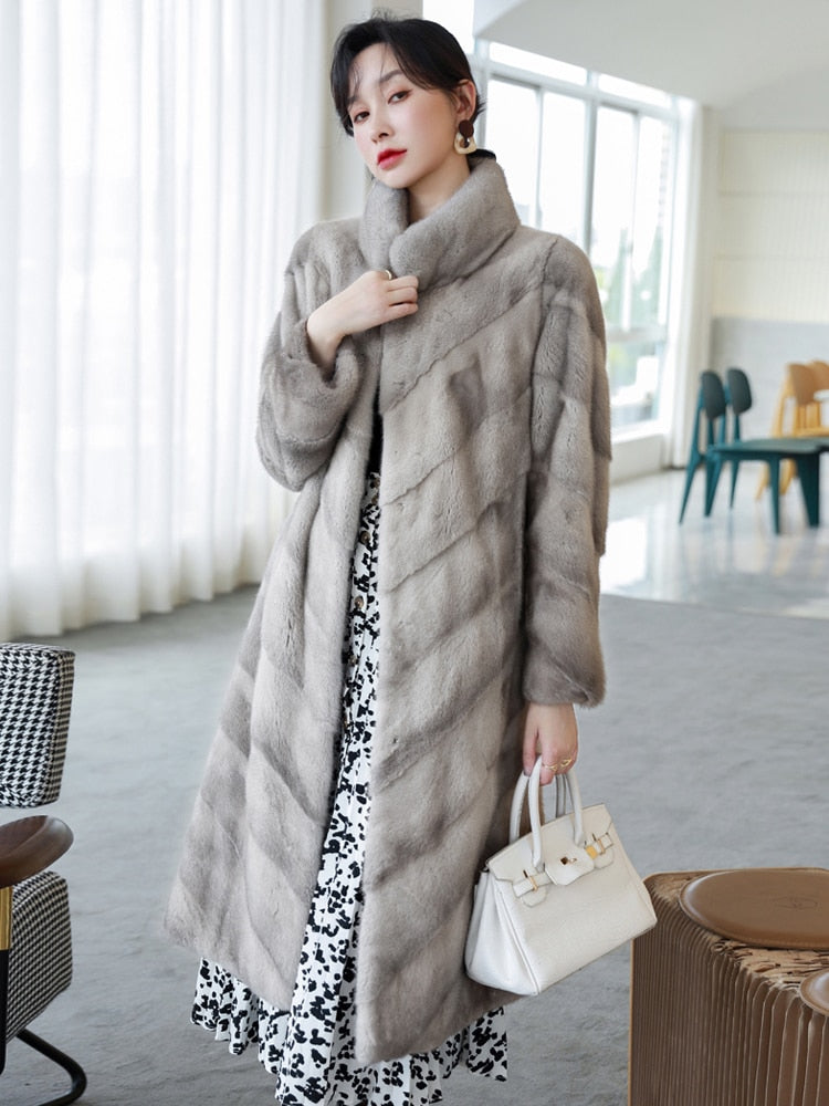 Women's Luxury Winter Warm Real Mink Fur Mandarin Collar Thick Long Jacket