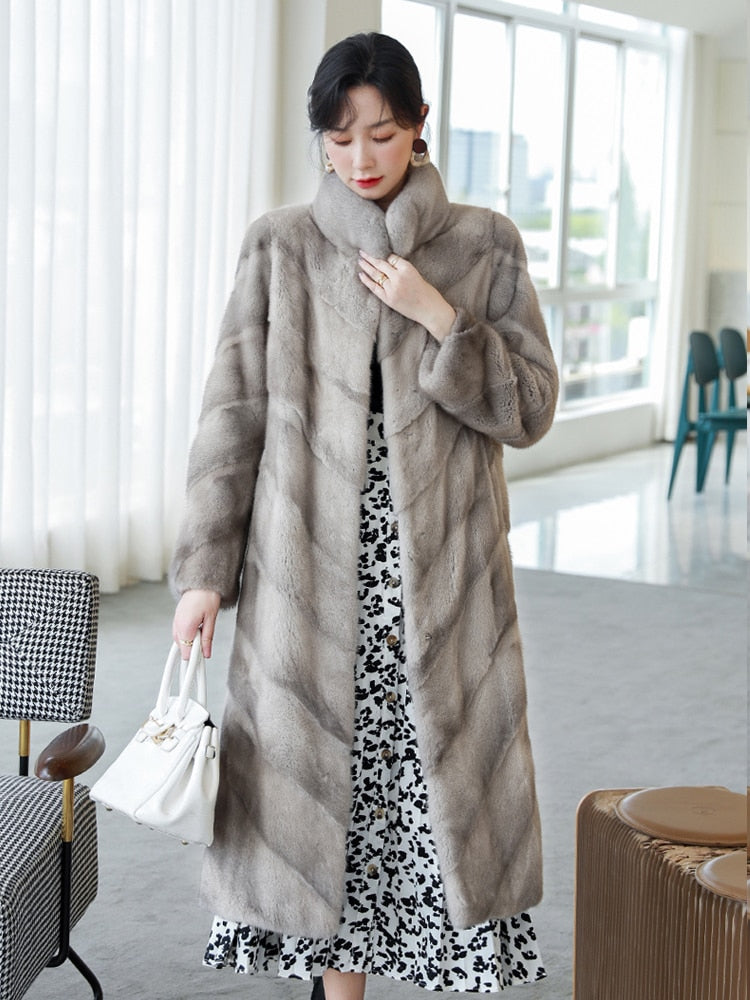 Women's Luxury Winter Warm Real Mink Fur Mandarin Collar Thick Long Jacket