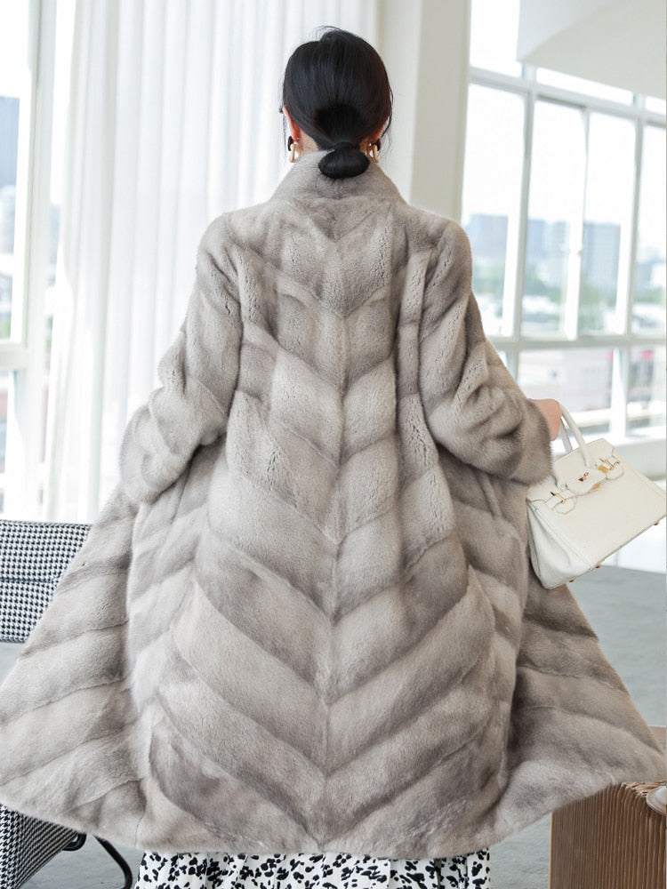 Women's Luxury Winter Warm Real Mink Fur Mandarin Collar Thick Long Jacket