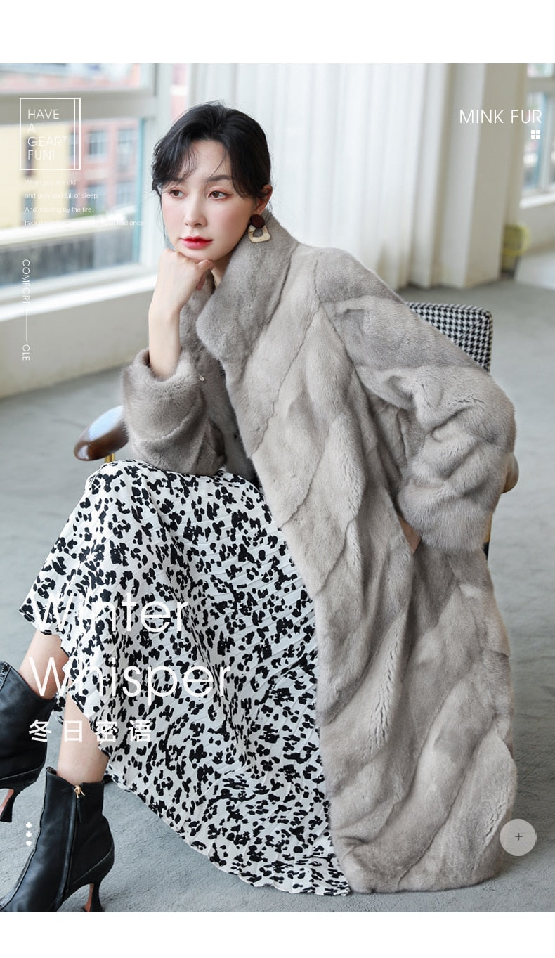 Women's Luxury Winter Warm Real Mink Fur Mandarin Collar Thick Long Jacket