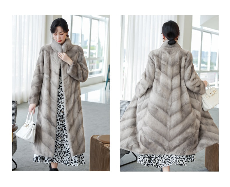 Women's Luxury Winter Warm Real Mink Fur Mandarin Collar Thick Long Jacket