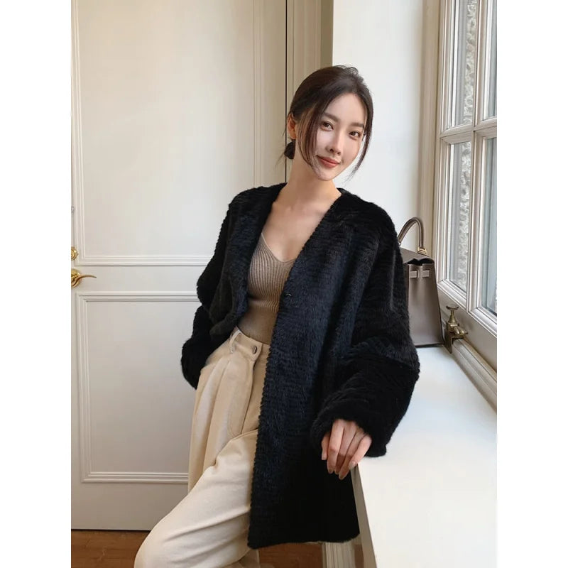 Women's Plus Size Winter Warm Natural Mink Fur Knitted Thick Jacket