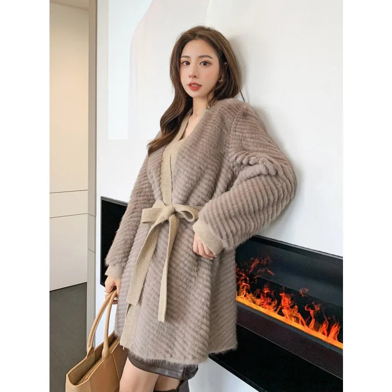 Women's Plus Size Winter Warm Real Mink Fur Knitted Double-Faced Jacket