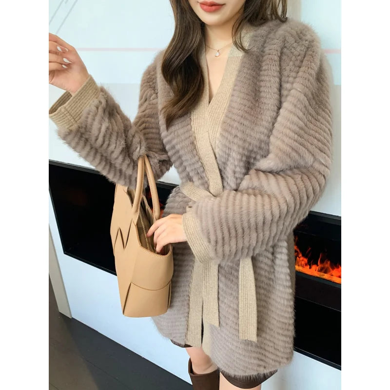 Women's Plus Size Winter Warm Real Mink Fur Knitted Double-Faced Jacket