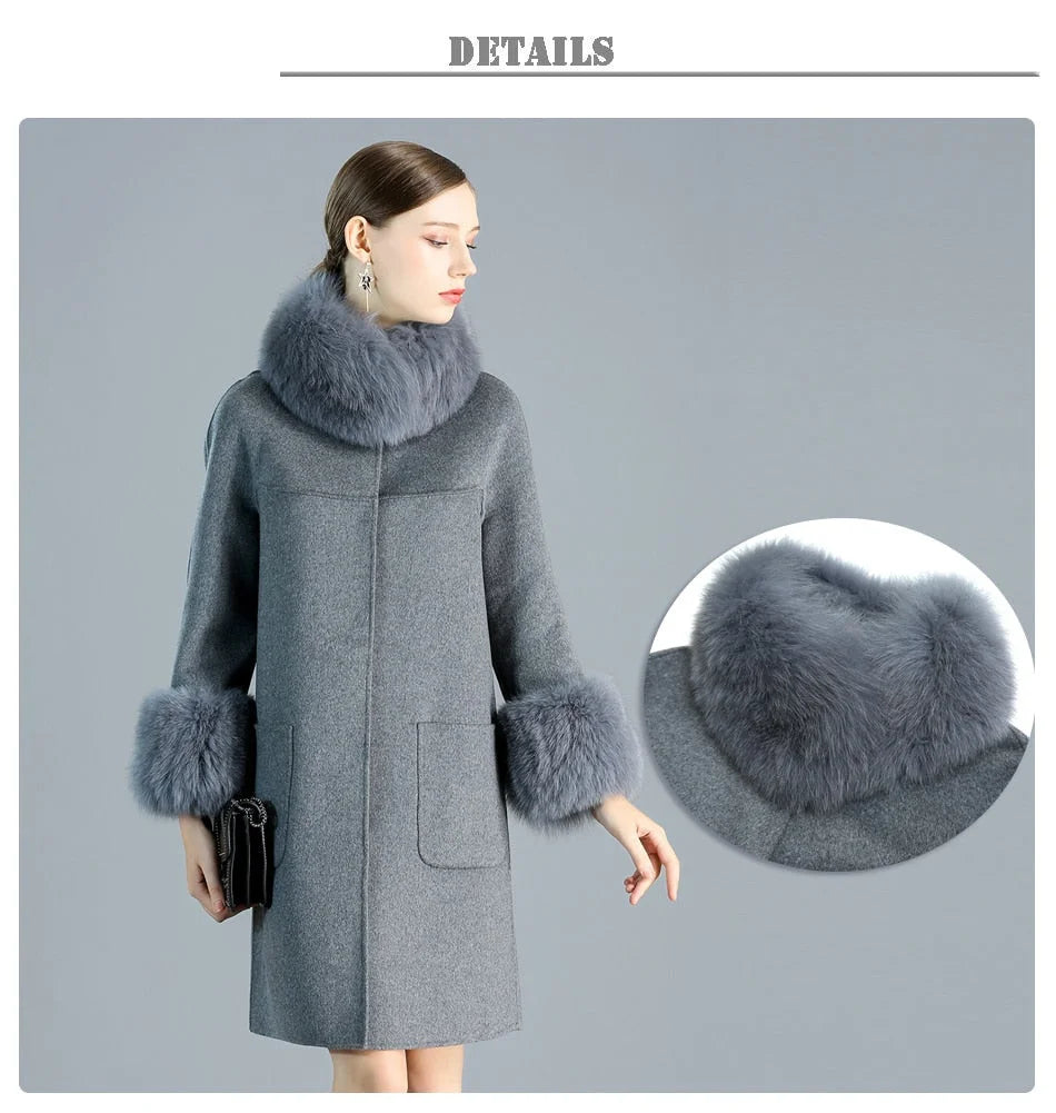 Women's Slim Fashion Solid Cashmere Genuine Fox Fur Collar Winter Jacket