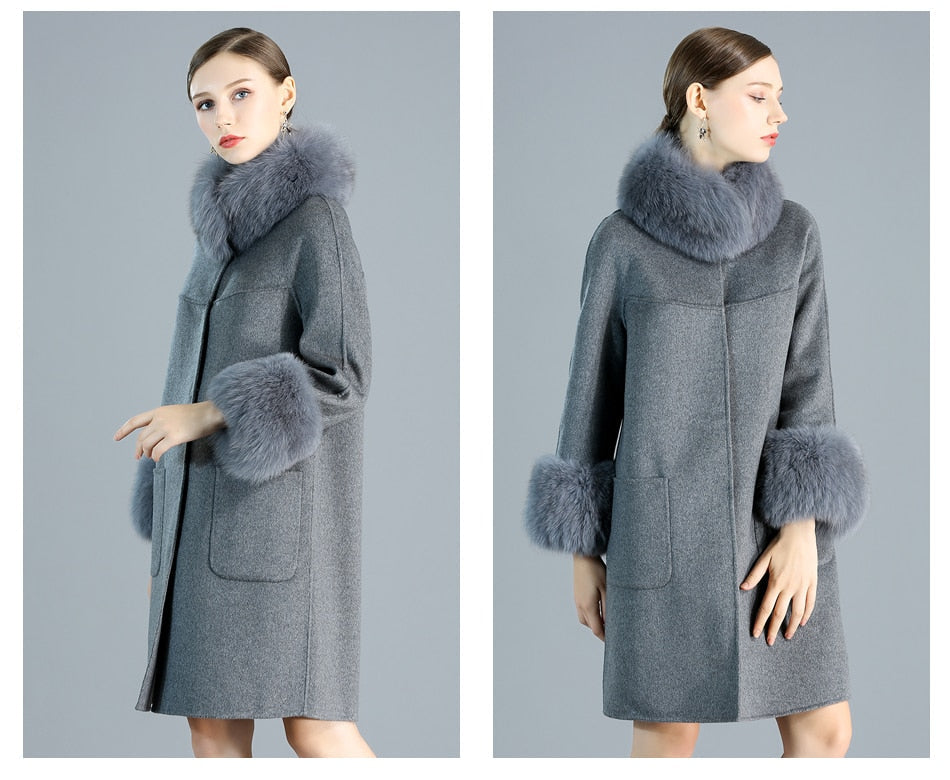 Women's Slim Fashion Solid Cashmere Genuine Fox Fur Collar Winter Jacket