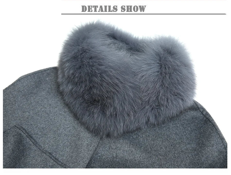 Women's Slim Fashion Solid Cashmere Genuine Fox Fur Collar Winter Jacket