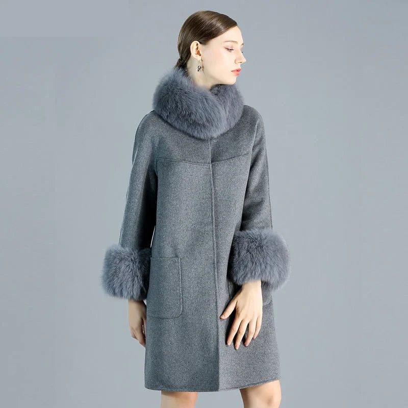 Women's Slim Fashion Solid Cashmere Genuine Fox Fur Collar Winter Jacket